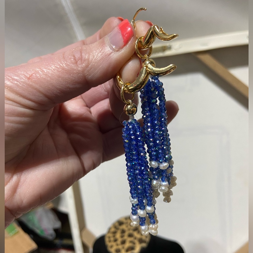 Pierced Tassel Earrings, AB Faceted Blue Beads With Faux Freshwater Pearls
